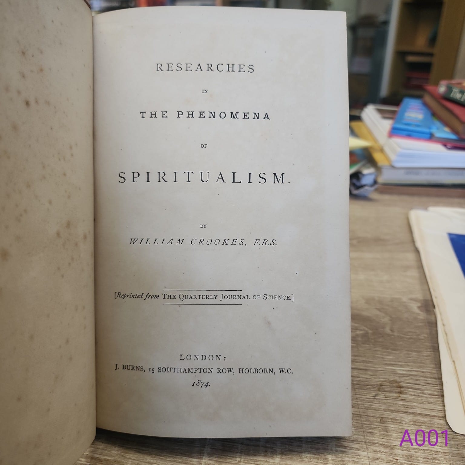Researches in the Phenomena of Spiritualism by William Crookes 1874 title page