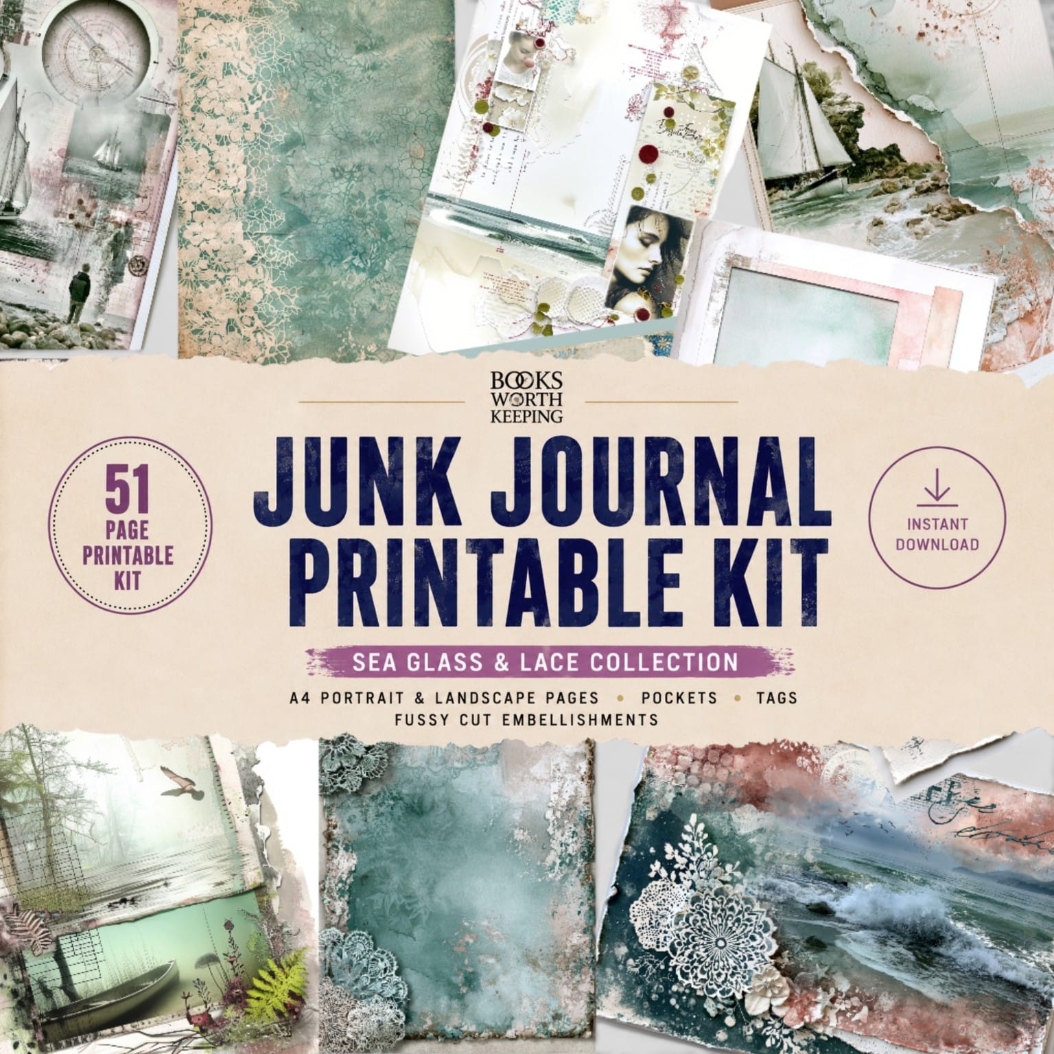 Sea Glass and Lace 51 page junk journal printable kit cover image