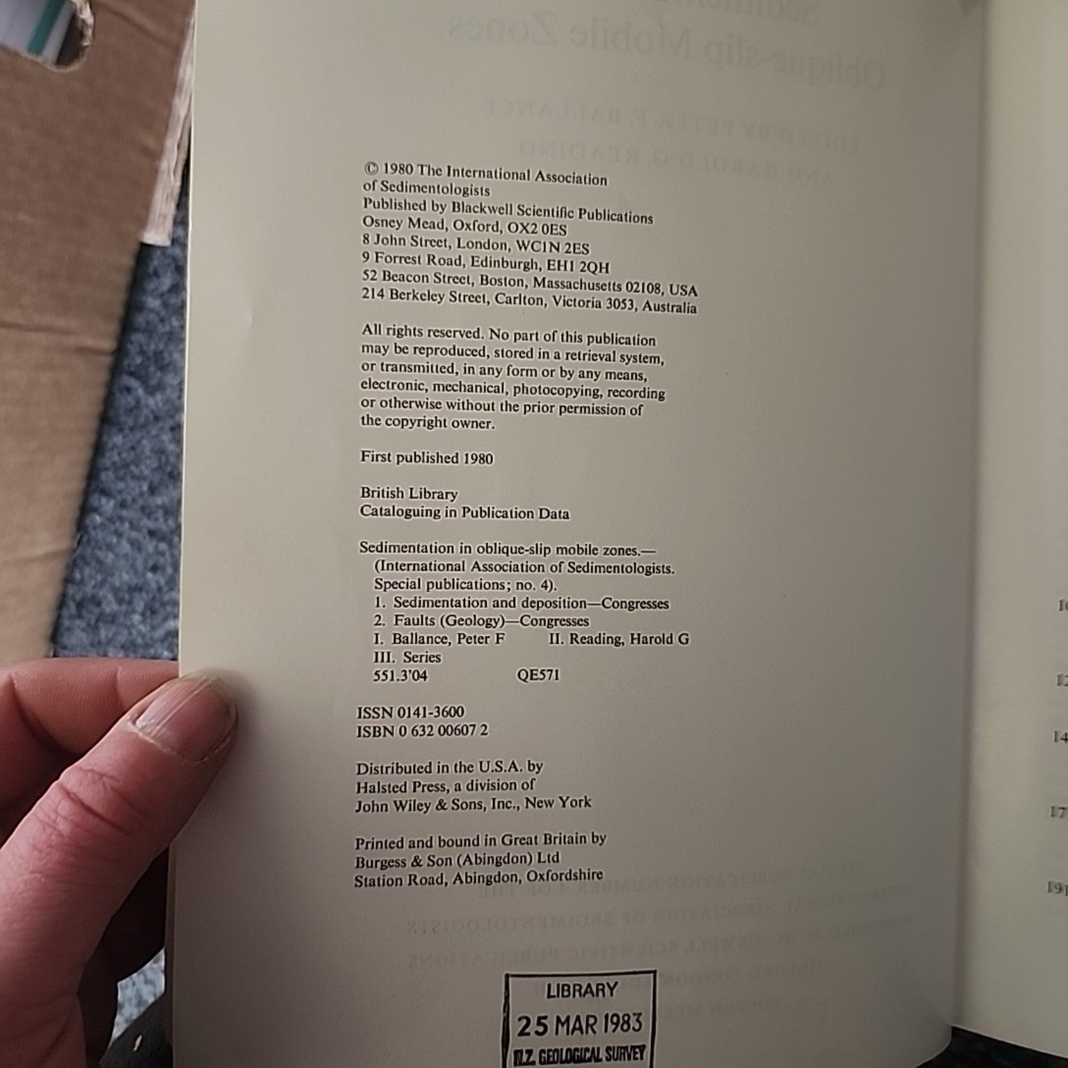 Copyright page of Sedimentation in Oblique-slip Mobile Zones showing 1980 publication details, ISBN and NZ Geological Survey library stamp