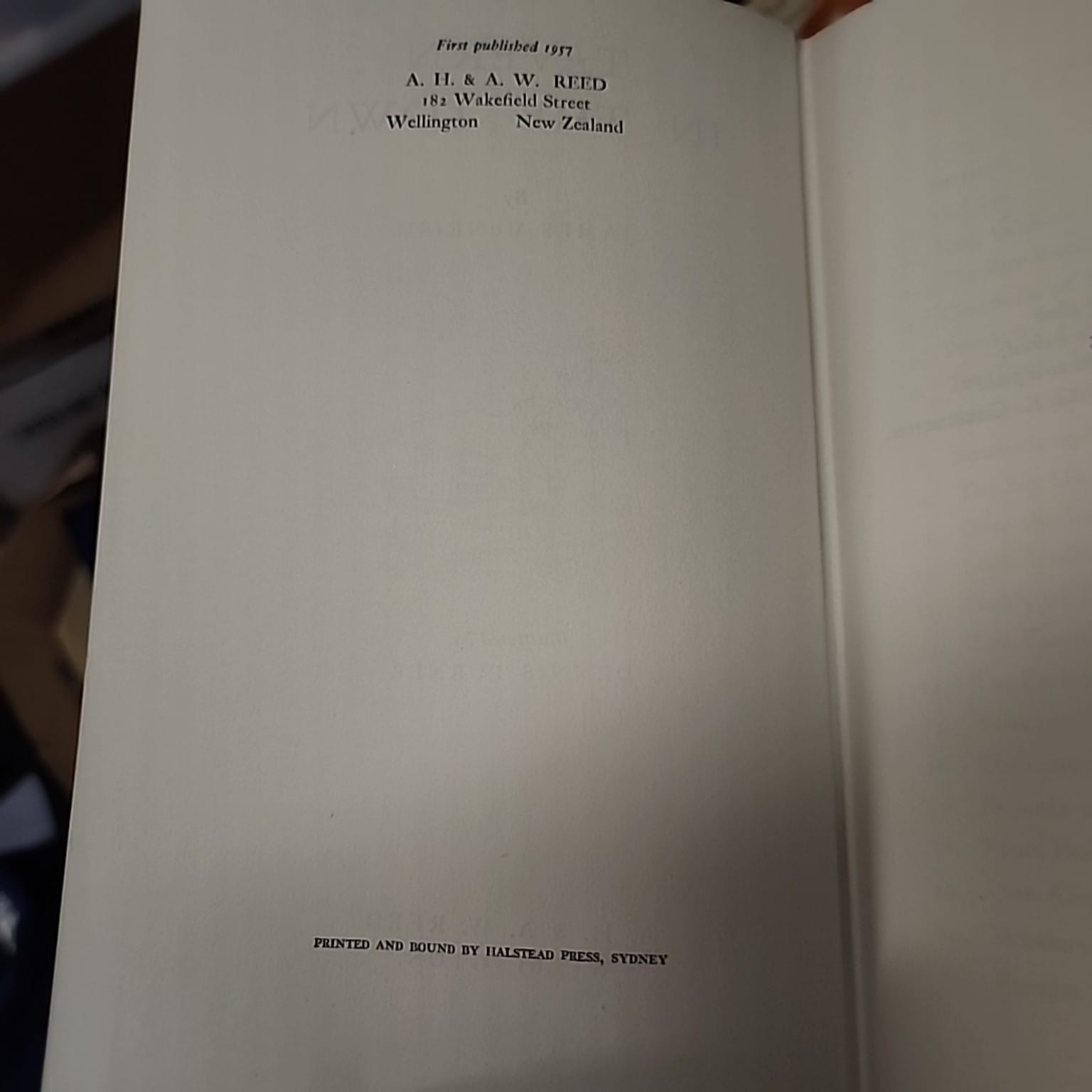 Publication page of Tavern in the Town by James McNeish showing first published 1957 by A. H. & A. W. Reed, Wellington