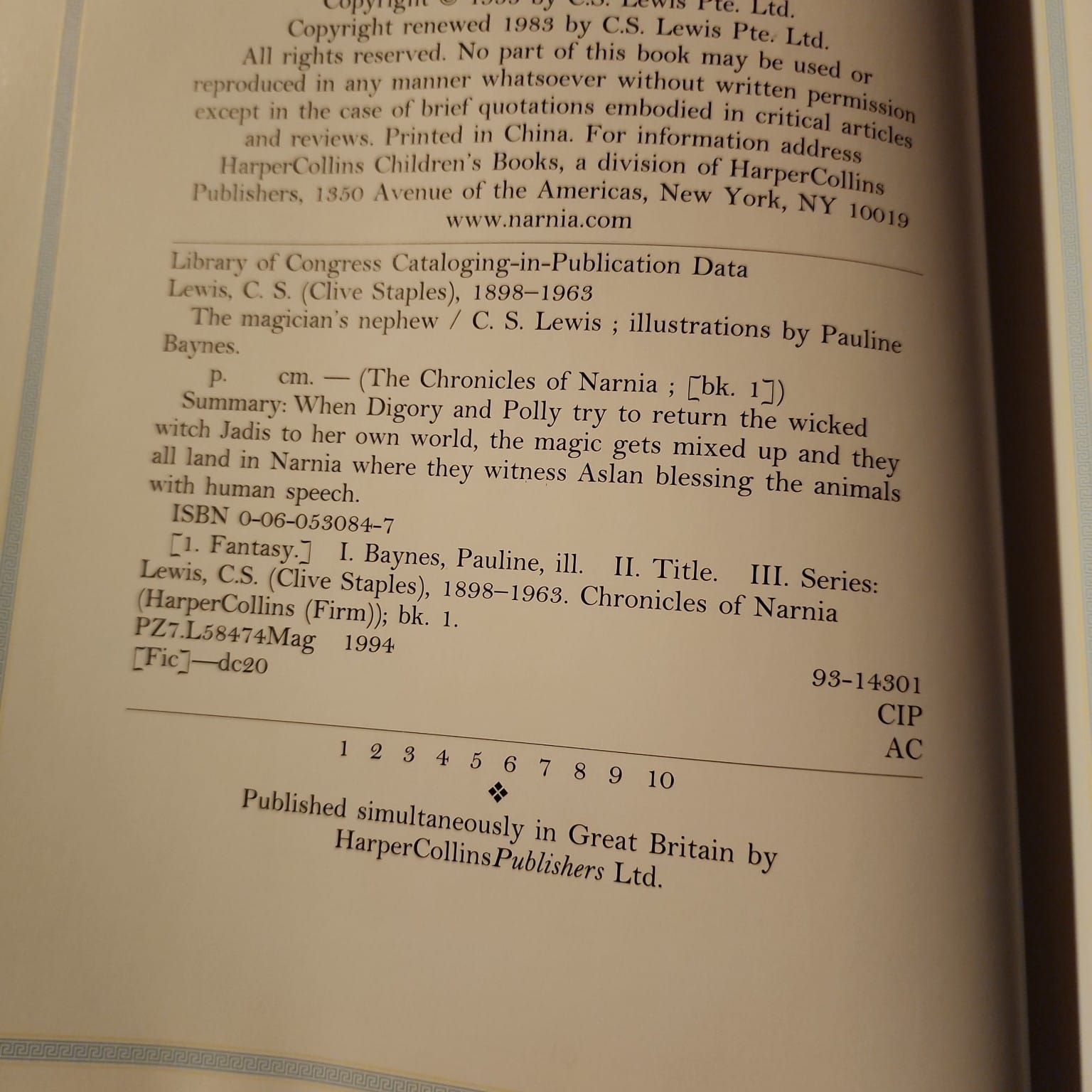 The Magician's Nephew by C. S. Lewis copyright page showing ISBN 0060530847