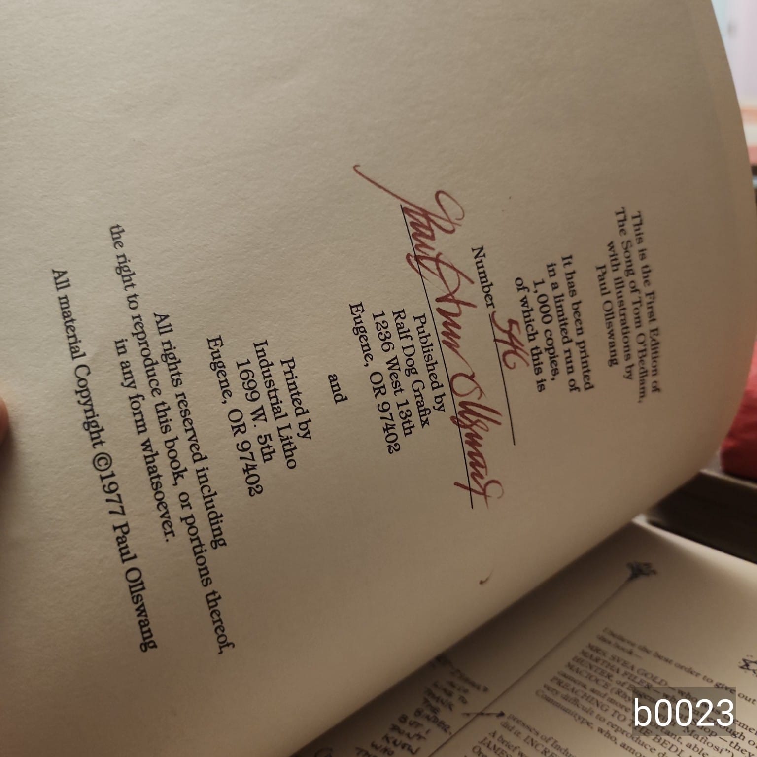 The Song of Tom O'Bedlam signed and numbered limitation page, copy 540 of 1000