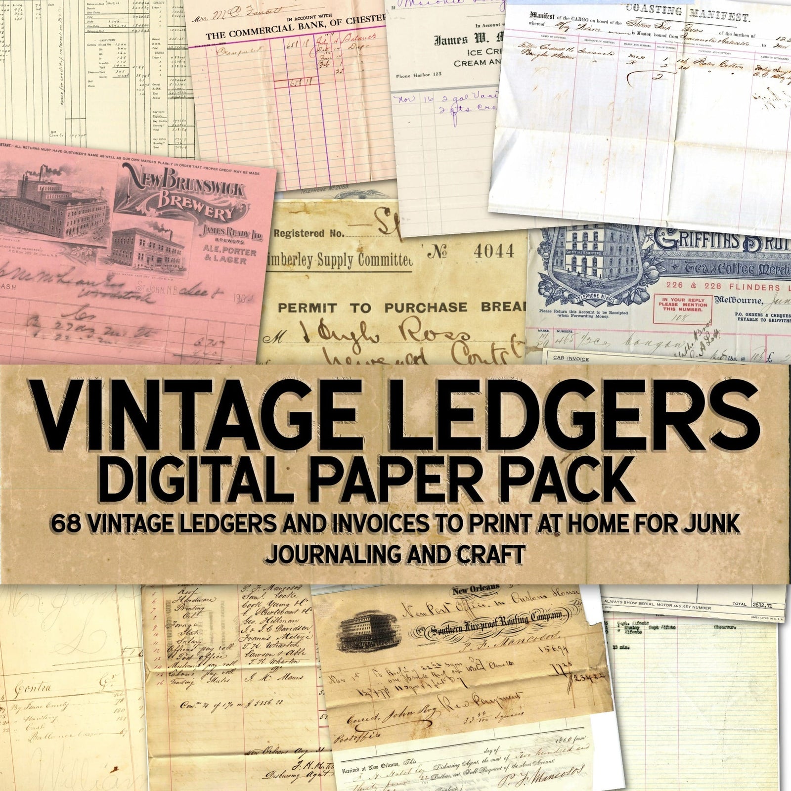 Vintage Ledgers Digital Paper Pack cover sheet showing collage of vintage ledgers and invoices