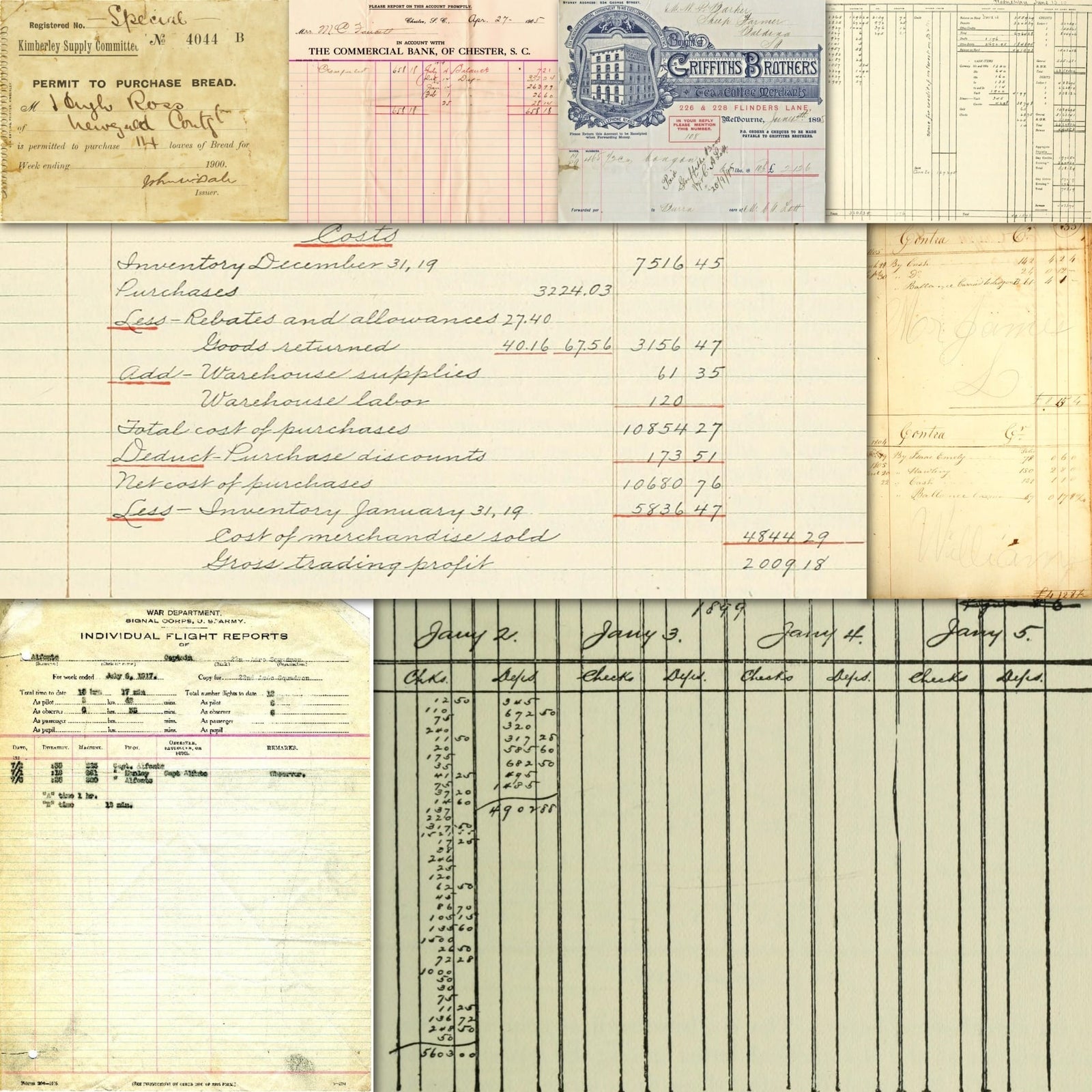 Preview collage of printable vintage ledger, invoice, receipt and cash book papers for junk journaling