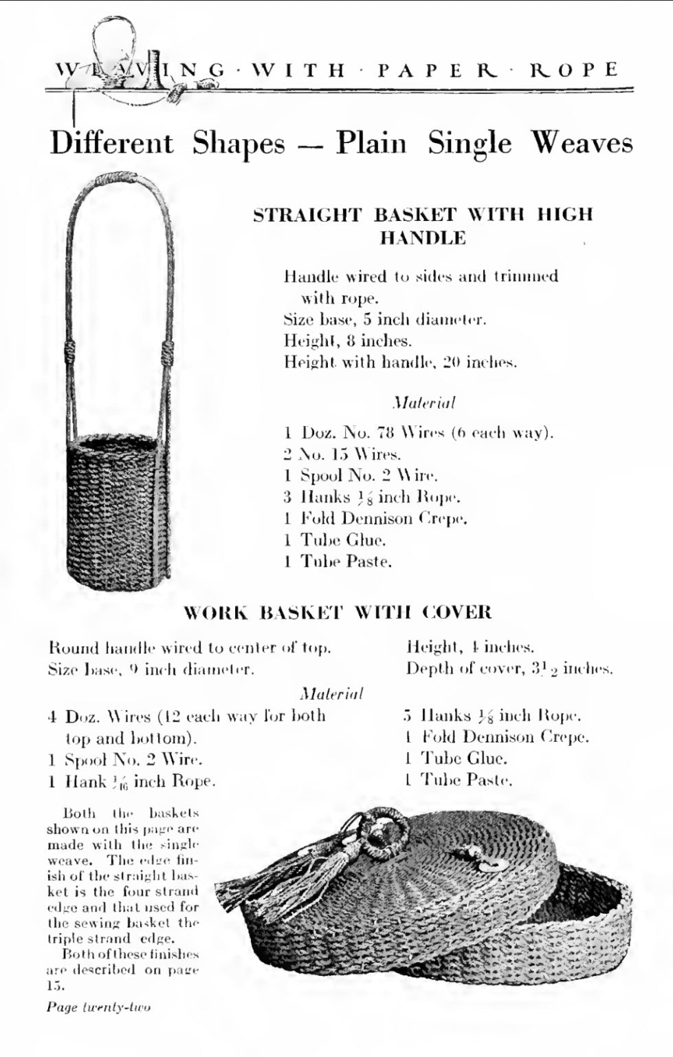 Vintage Weaving with Paper Rope page showing plain single-weave basket designs