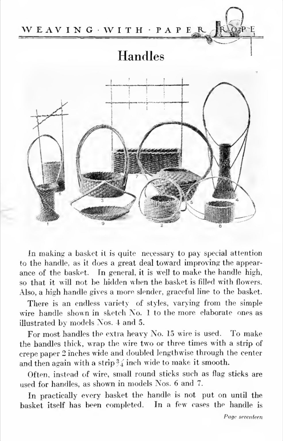 Vintage Weaving with Paper Rope page illustrating basket handle styles and construction