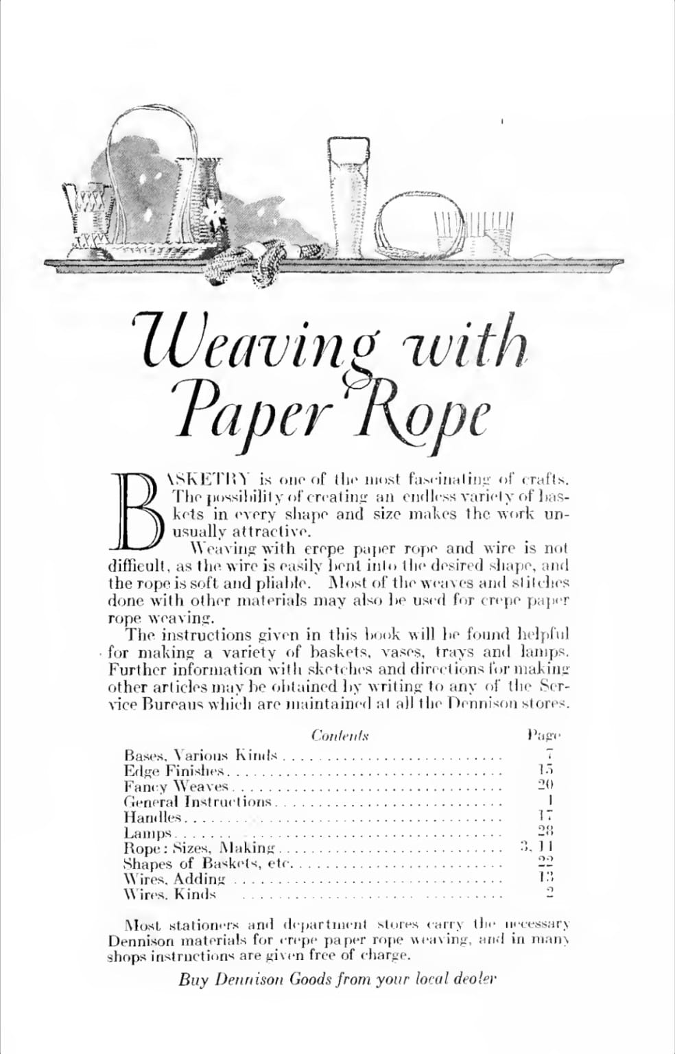 Title page of vintage Dennison Weaving with Paper Rope craft booklet