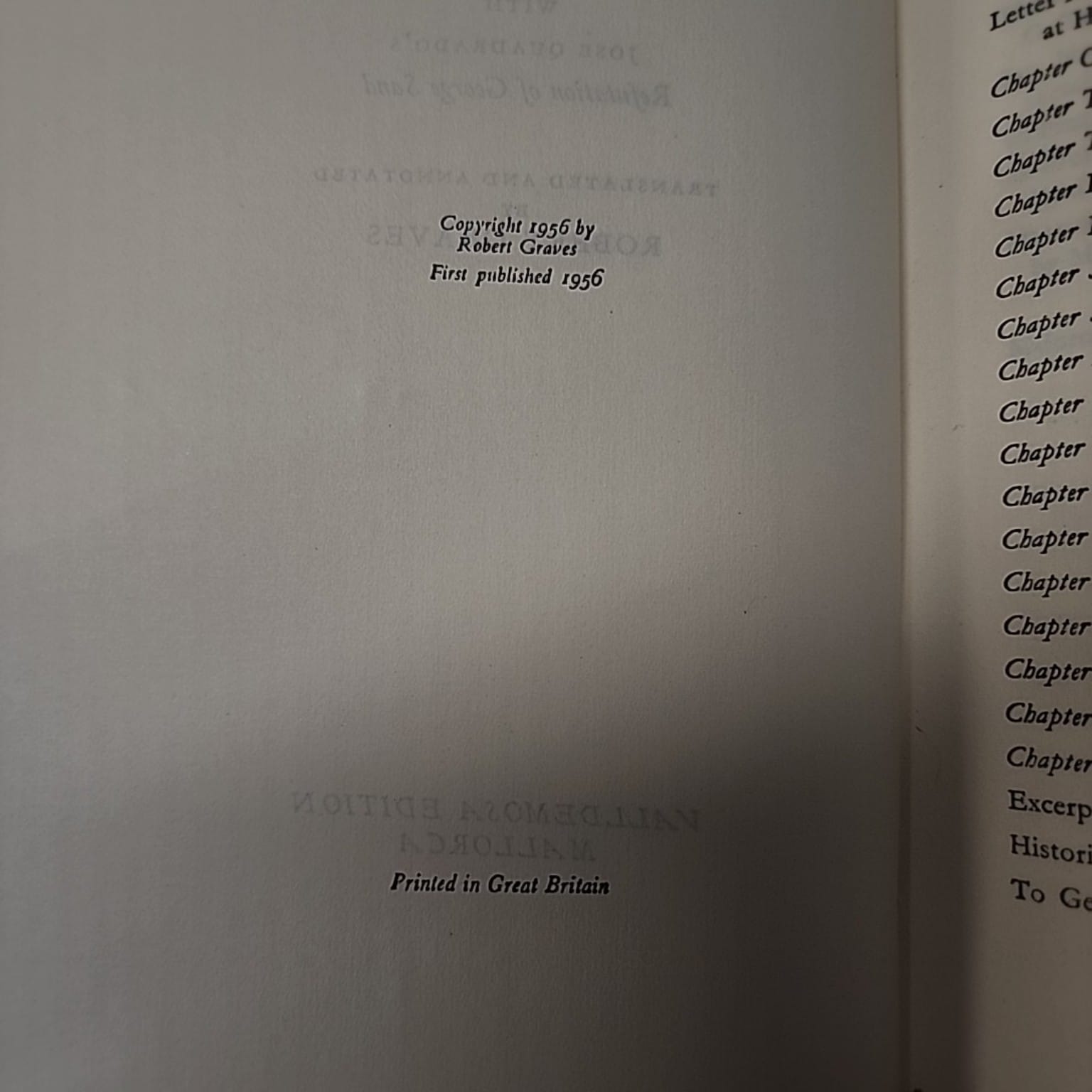 Copyright page of Winter in Majorca by George Sand, translated by Robert Graves, first published 1956