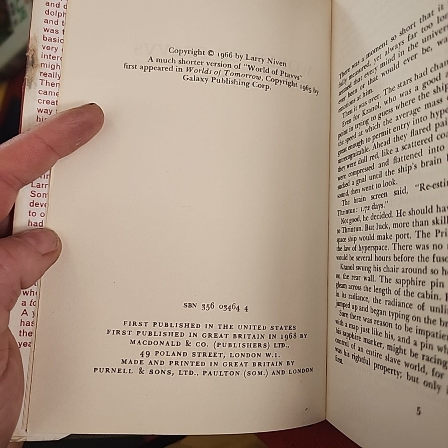 Copyright and publication page of World of Ptavvs by Larry Niven, Macdonald 1968