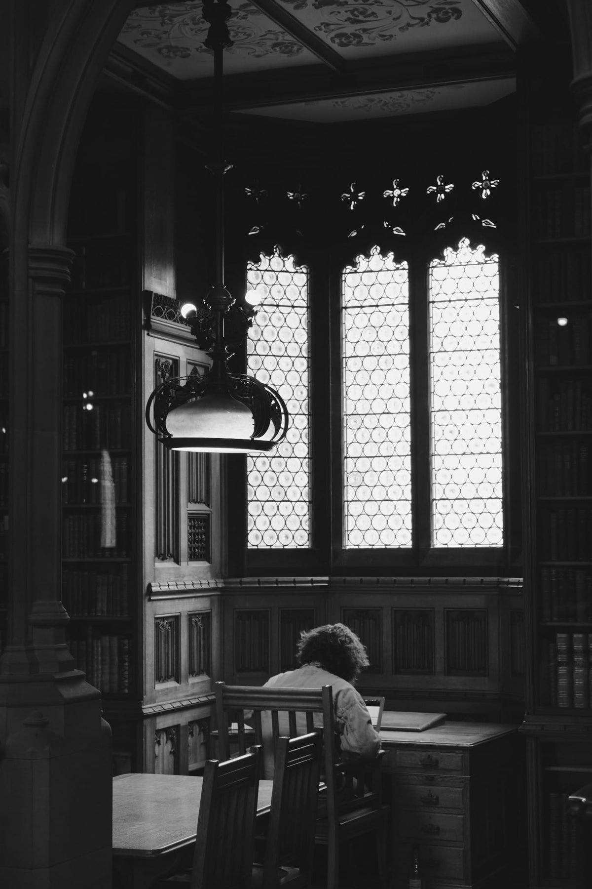 A reader seated beneath tall leaded windows in an ornate reading room.