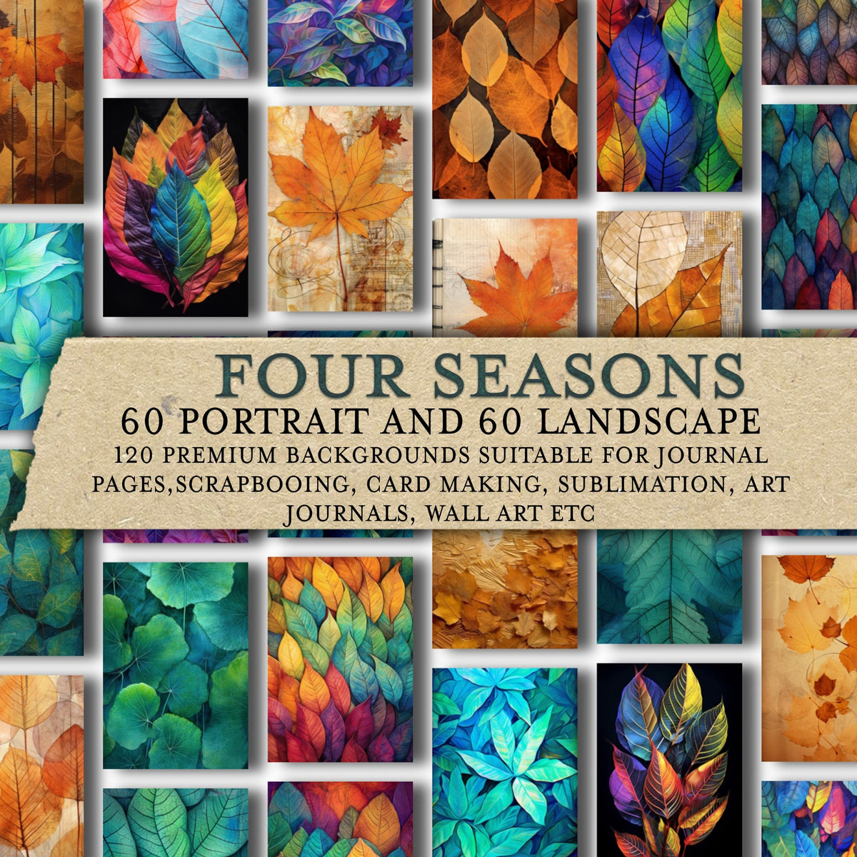 Collage of colorful leaf patterns with text overlay on a white background