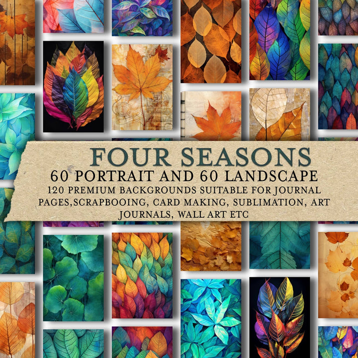 Collage of colorful leaf patterns with text overlay on a white background