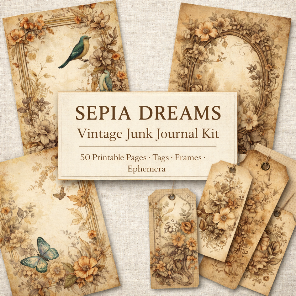 Sepia Dreams- 96 Page Printable Junk Journal Pages A4 Portrait