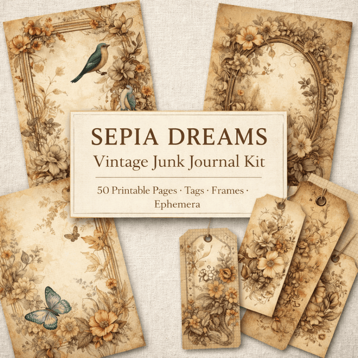 Sepia Dreams- 96 Page Printable Junk Journal Pages A4 Portrait — junk journal kit preview