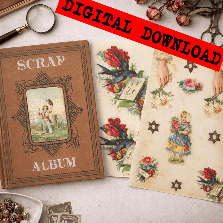 Scrap Album 1890s – Embossed Lithographed Labels — scrap album cover and sample illustrations