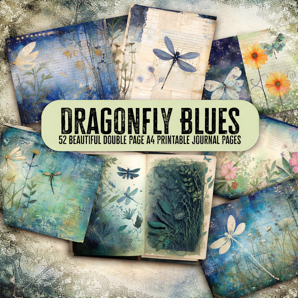 Dragonfly Blues - 52 Page Digital Paper Junk Journal Kit , Printable Scrapbook Paper