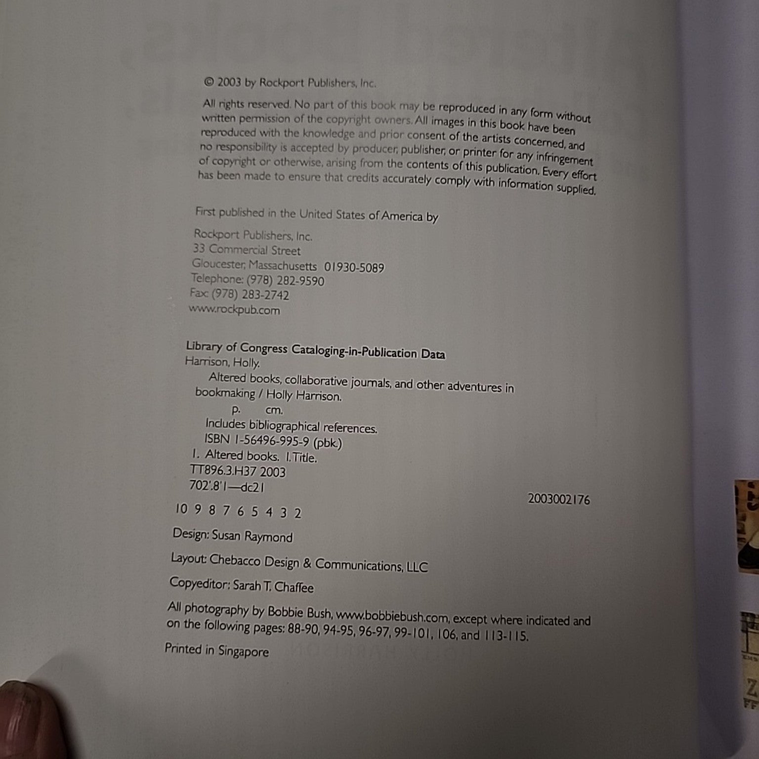 Copyright page of Altered Books, Collaborative Journals, and Other Adventures in Bookmaking showing Rockport Publishers 2003 and ISBN 1564969959