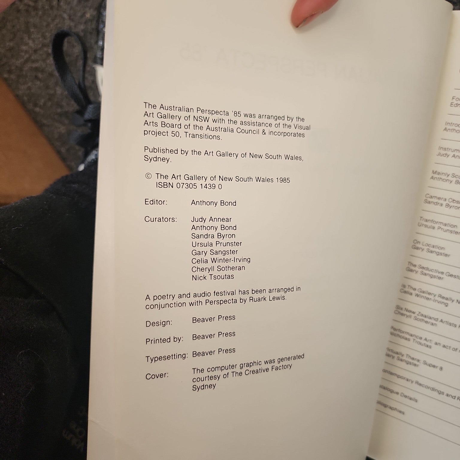 Australian Perspecta '85 copyright and publication page