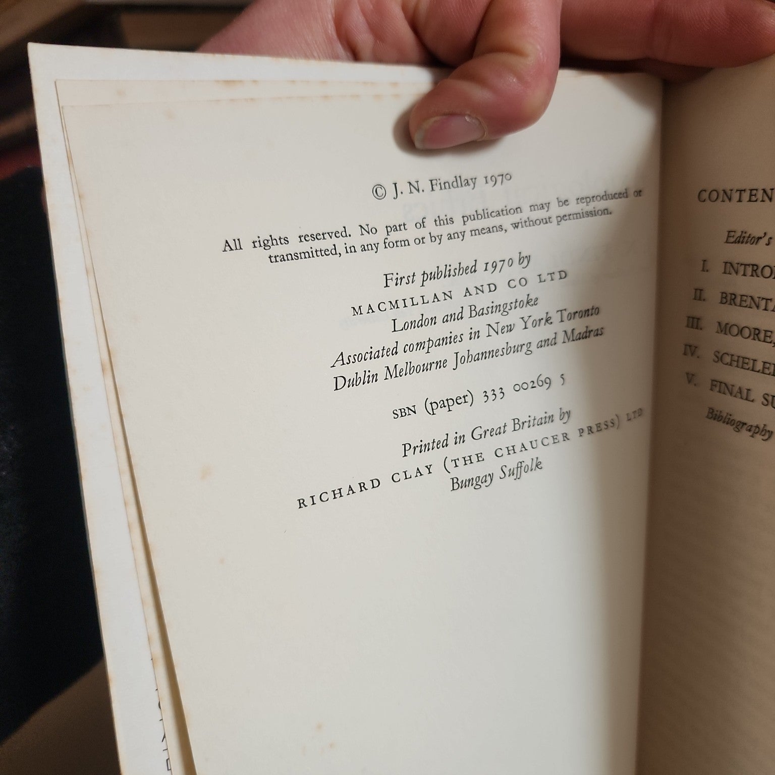 Axiological Ethics by J. N. Findlay – copyright page showing Macmillan 1970 and SBN