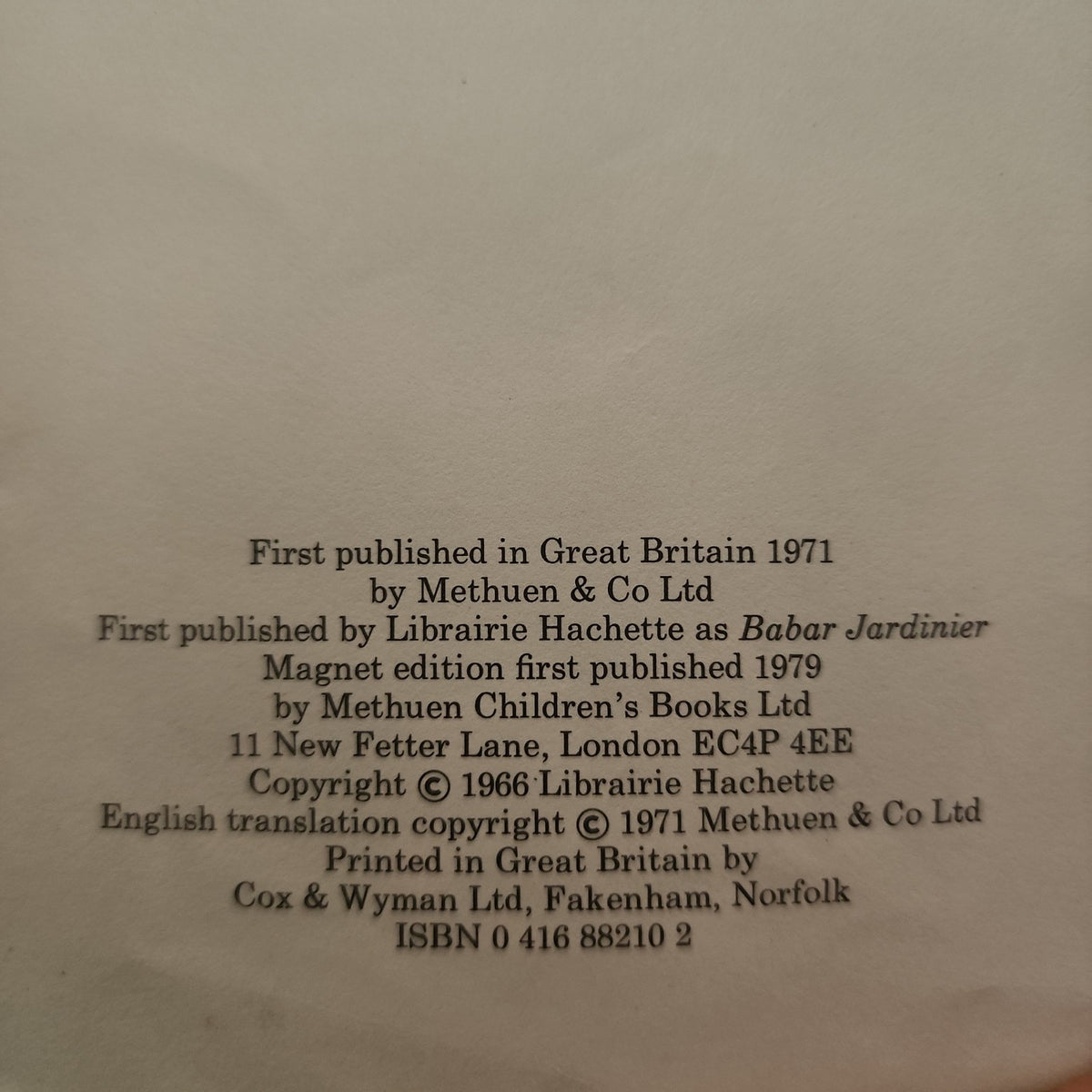 Babar the Gardener copyright and ISBN page