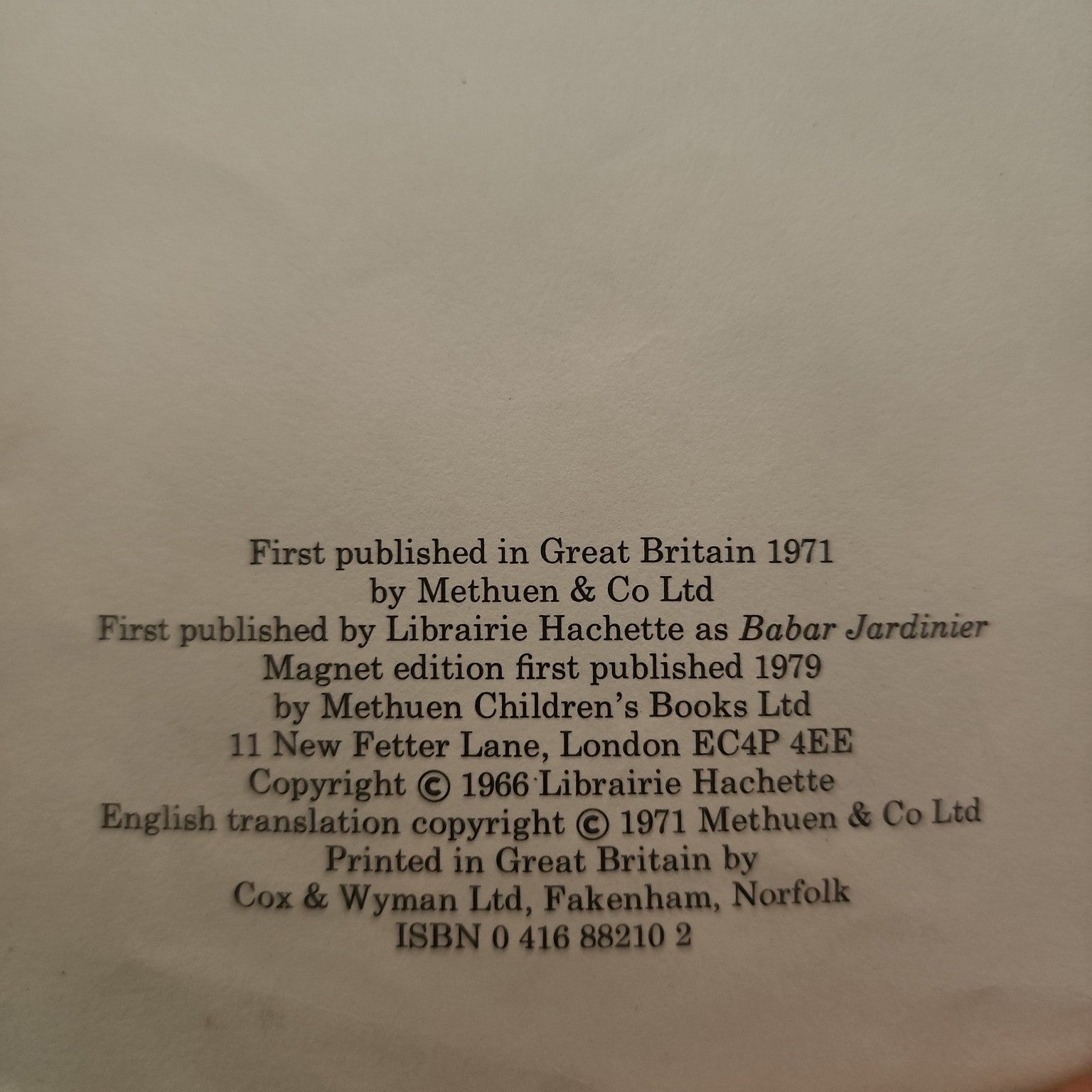 Babar the Gardener copyright and ISBN page