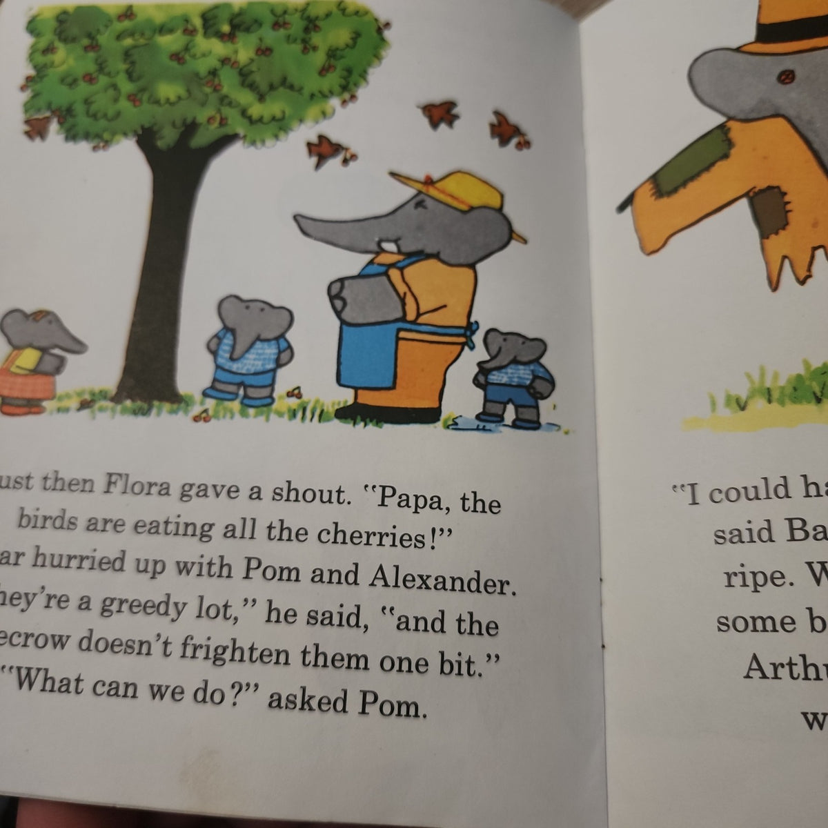 Babar the Gardener illustrated interior page with family and cherry tree