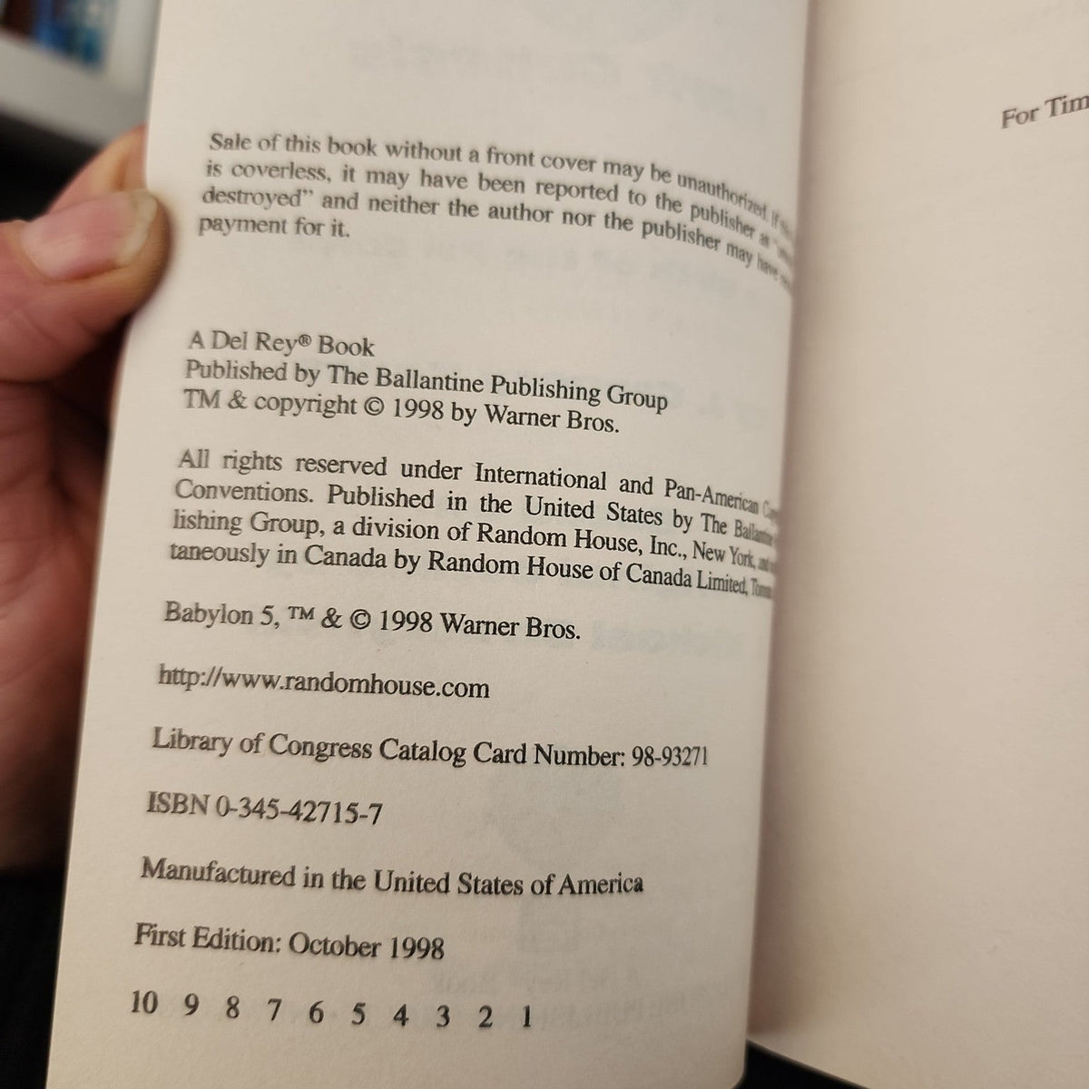Copyright and ISBN page for Babylon 5 Dark Genesis by J. Gregory Keyes