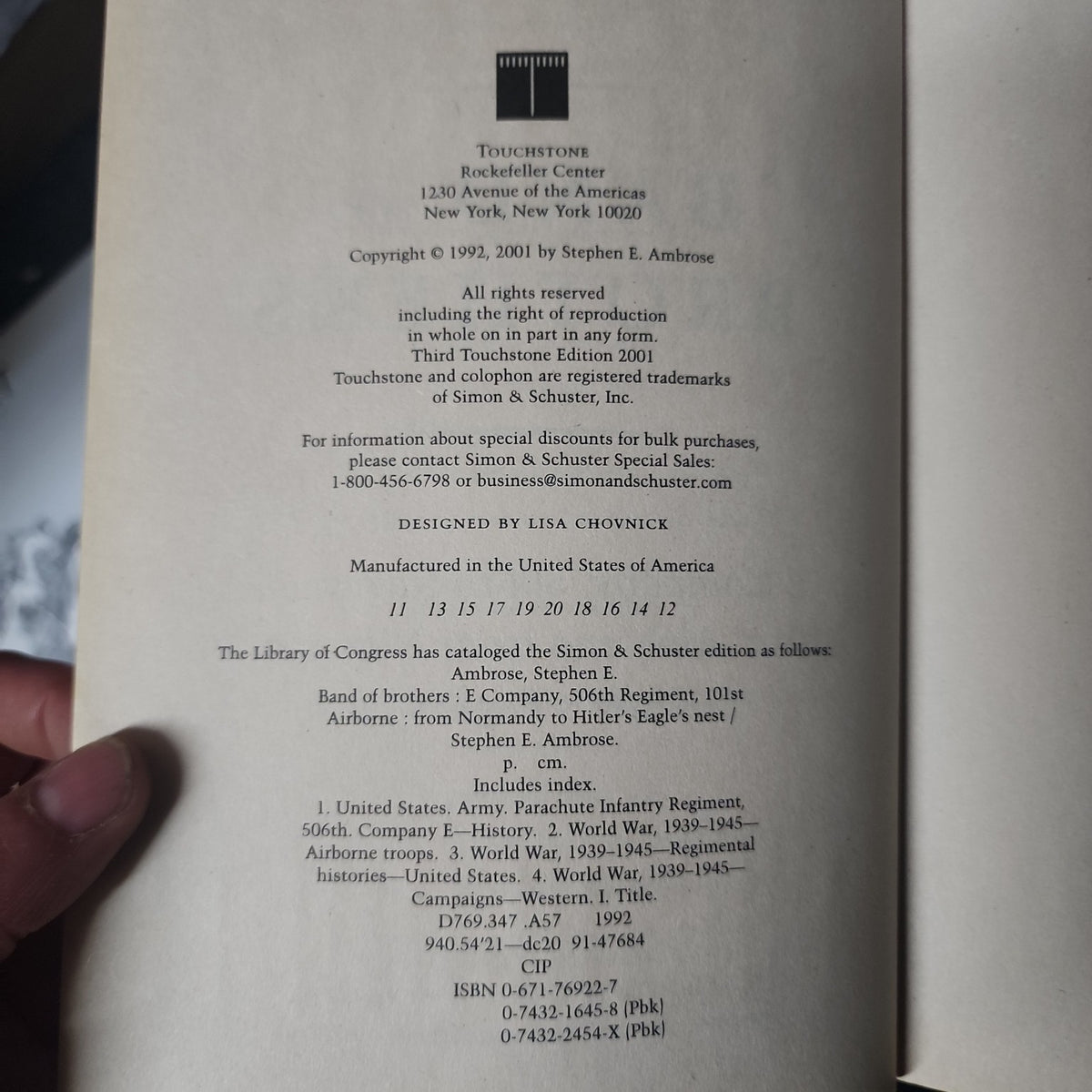 Copyright page of Band of Brothers by Stephen E. Ambrose showing the 2001 Touchstone edition