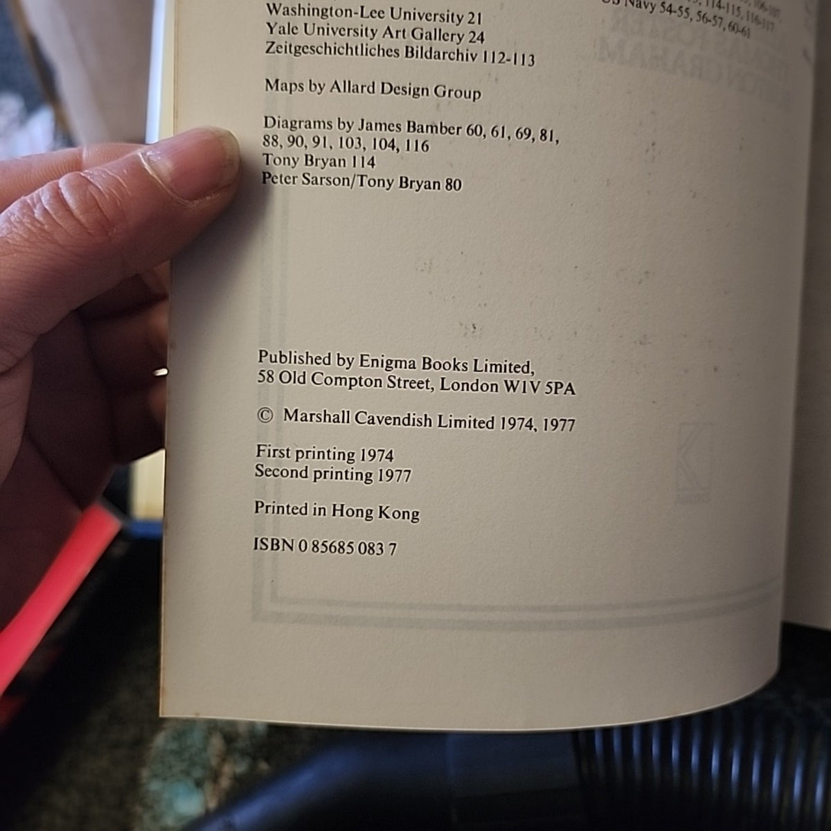 Copyright page of Battle: A History of Conflict on Land, Sea and Air, Enigma Books 1977 second printing ISBN 0856850837