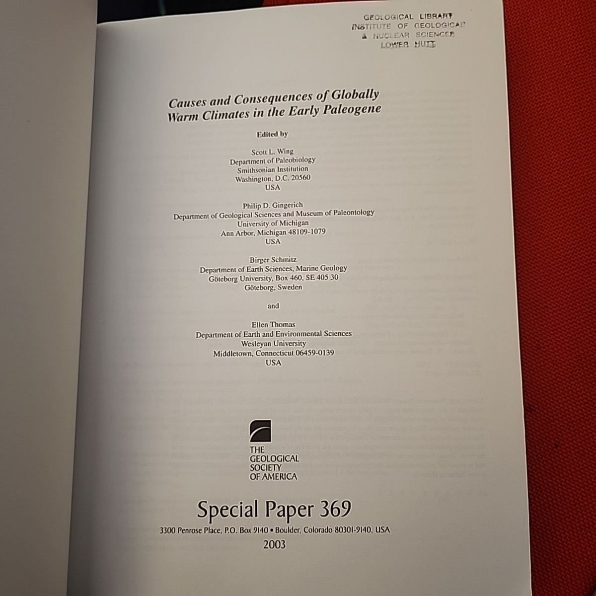 Causes and Consequences of Globally Warm Climates in the Early Paleogene title page, Geological Society of America Special Paper 369