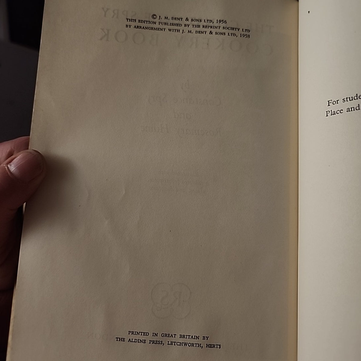 Copyright page showing the 1958 Reprint Society edition of The Constance Spry Cookery Book