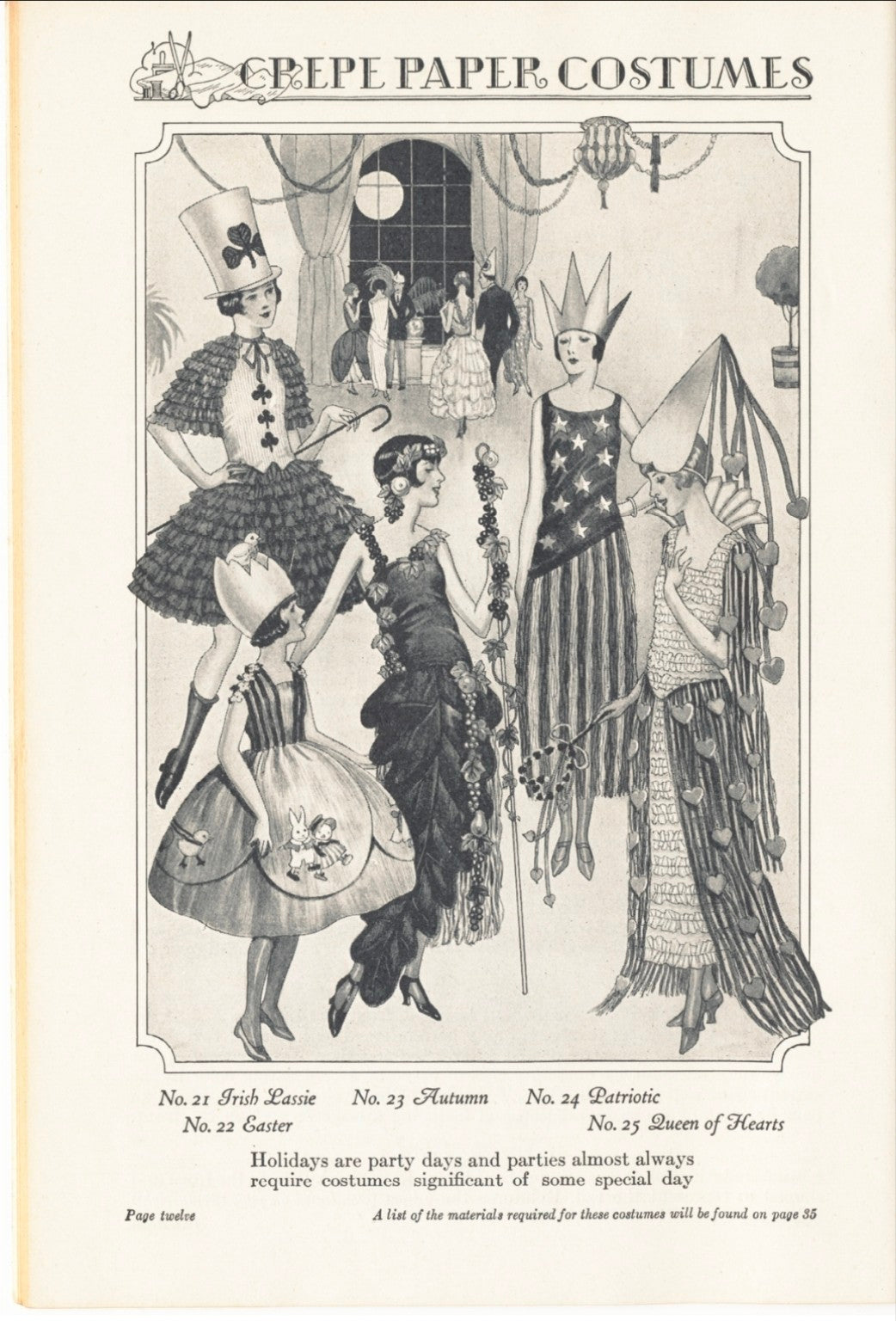 Vintage holiday crepe paper costume illustrations including Irish Lassie, Easter, Autumn, Patriotic and Queen of Hearts