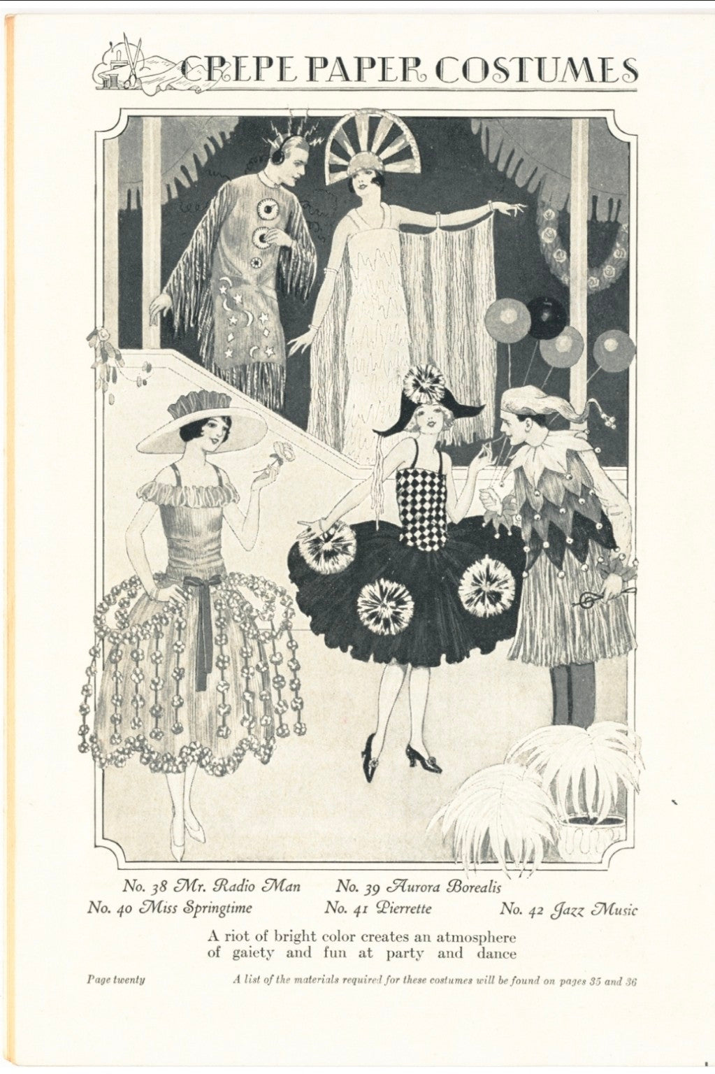 Vintage crepe paper costume illustrations including Mr Radio Man, Aurora Borealis, Miss Springtime, Pierrette and Jazz Music
