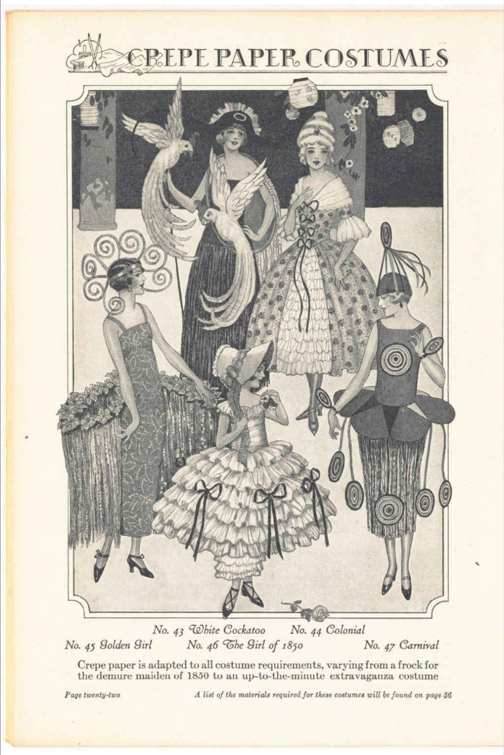 Vintage crepe paper costume illustrations including White Cockatoo, Colonial, Golden Girl and Carnival