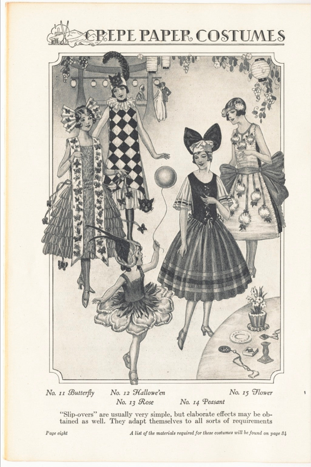 Vintage slip-over crepe paper costume designs including Butterfly, Halloween, Rose, Peasant and Flower