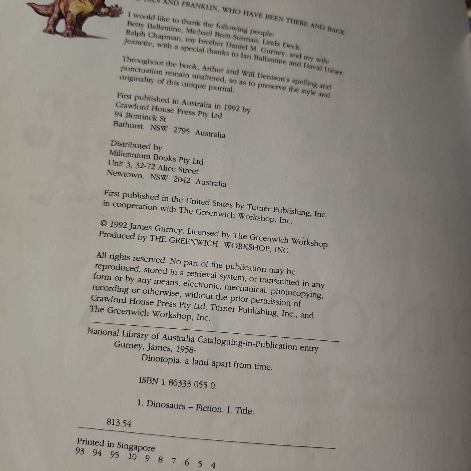 Dinotopia: A Land Apart from Time 1992 Crawford House Press copyright and ISBN page