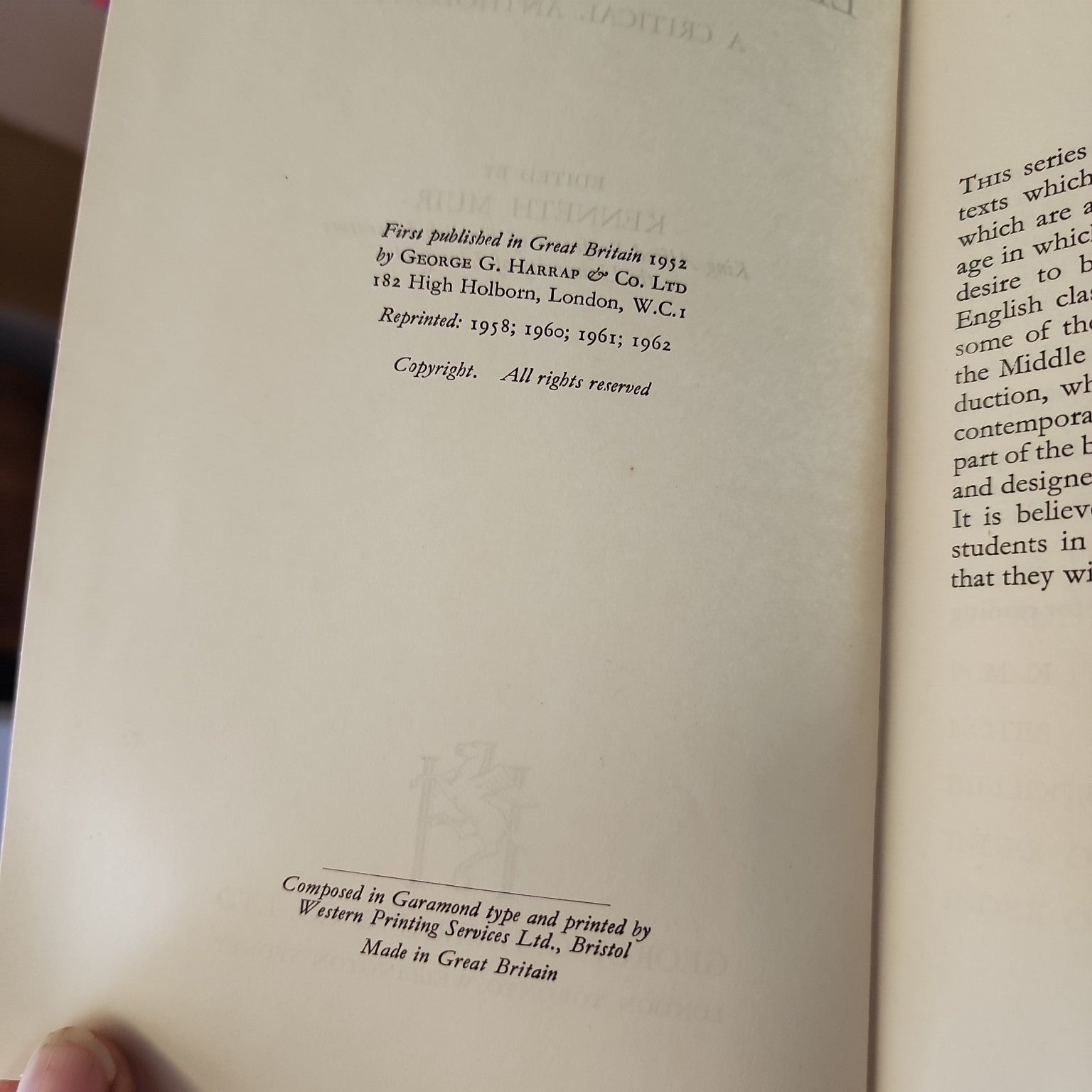 Copyright page showing first publication in 1952 and this copy as the 1962 reprint