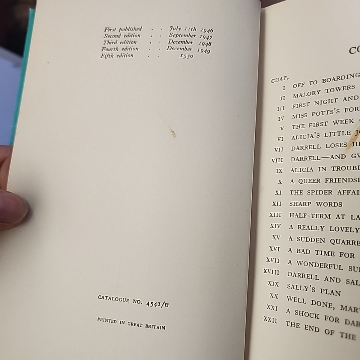 First Term at Malory Towers by Enid Blyton, edition page showing fifth edition 1950