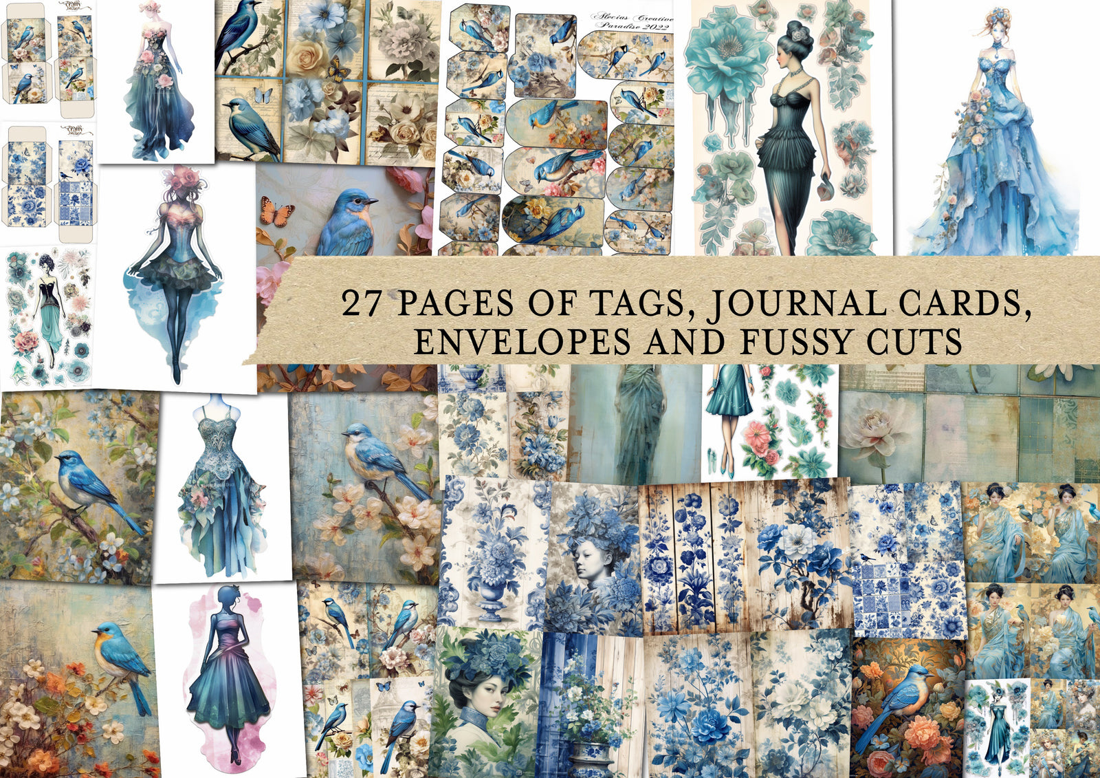 Shabby Blues MEGA Digital Junk Journal Kit - Over 100 Printable Journal Pages