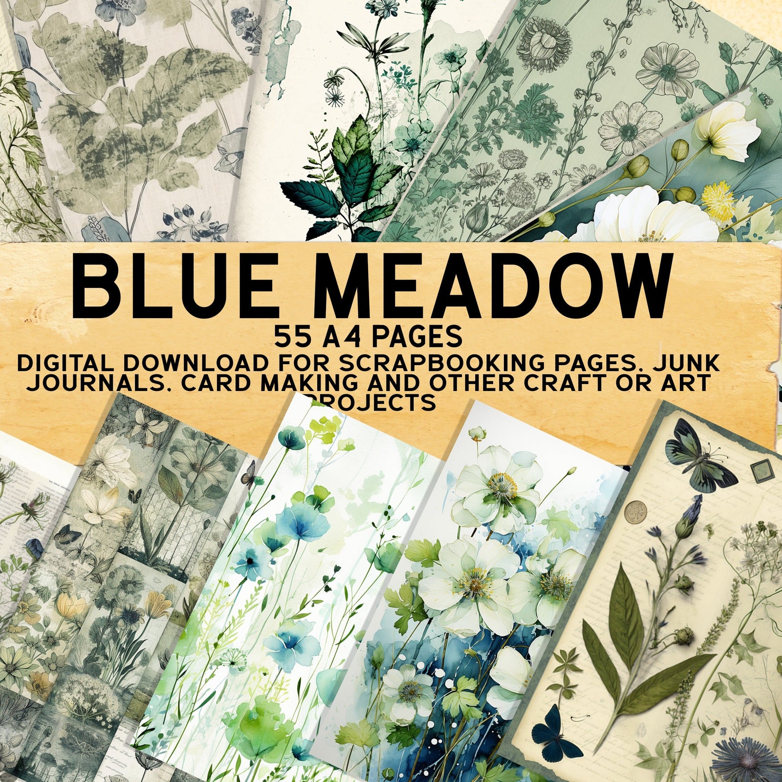 Collage of floral and nature-themed pages with 'Blue Meadow' digital download text.
