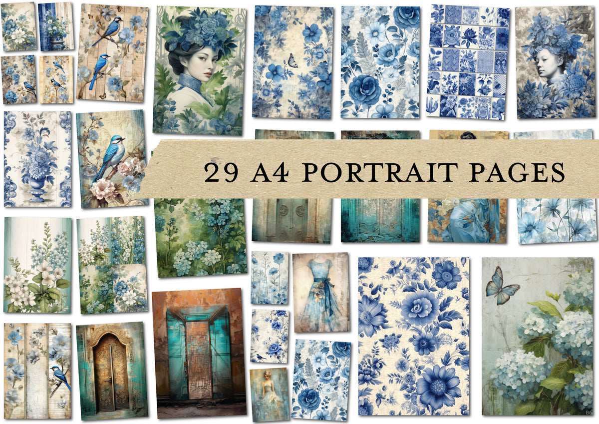 Shabby Blues MEGA Digital Junk Journal Kit - Over 100 Printable Journal Pages