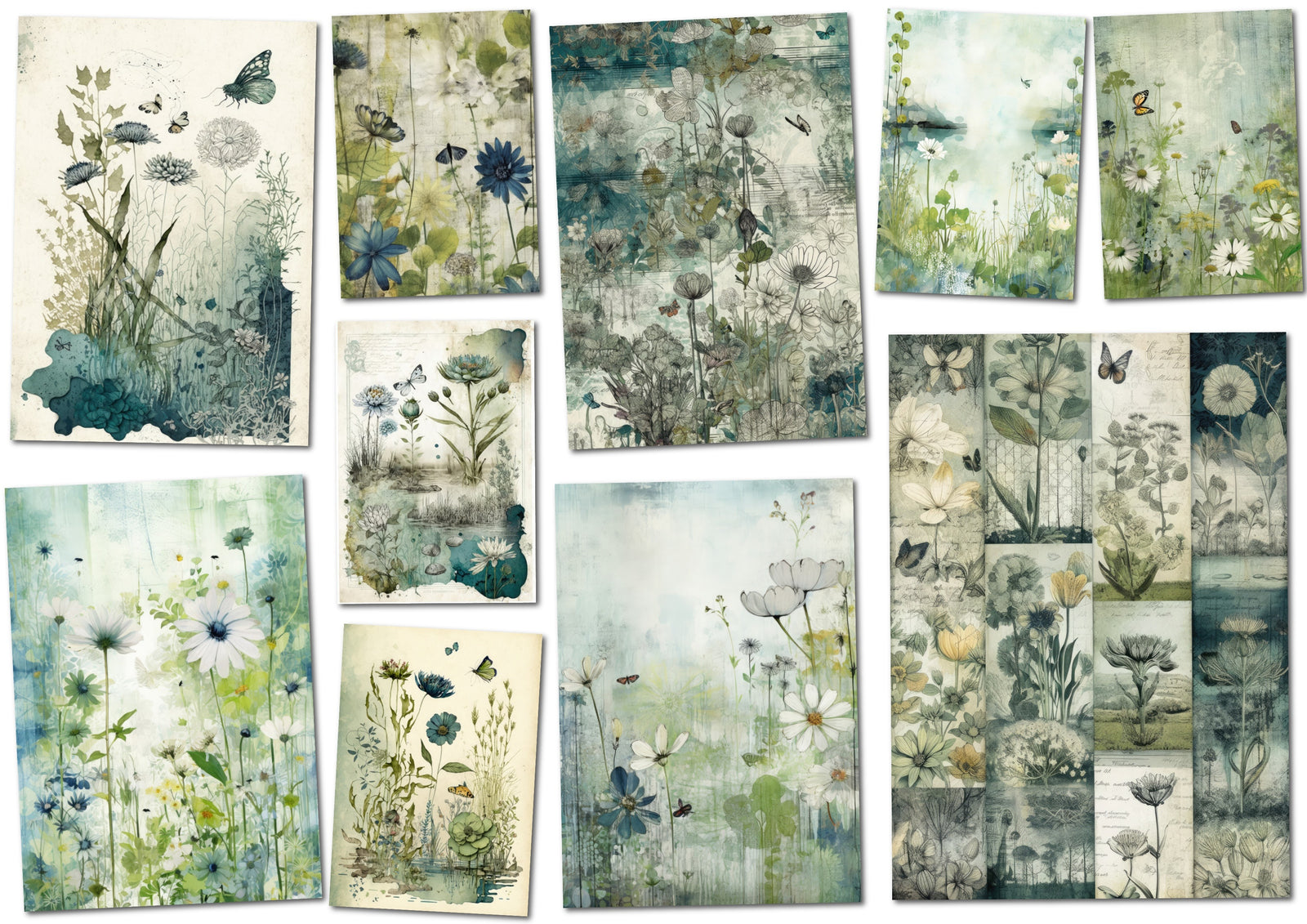 Blue Meadow 55 Beautiful A4 Digital Papers for Scrapbooking and Junk Journals