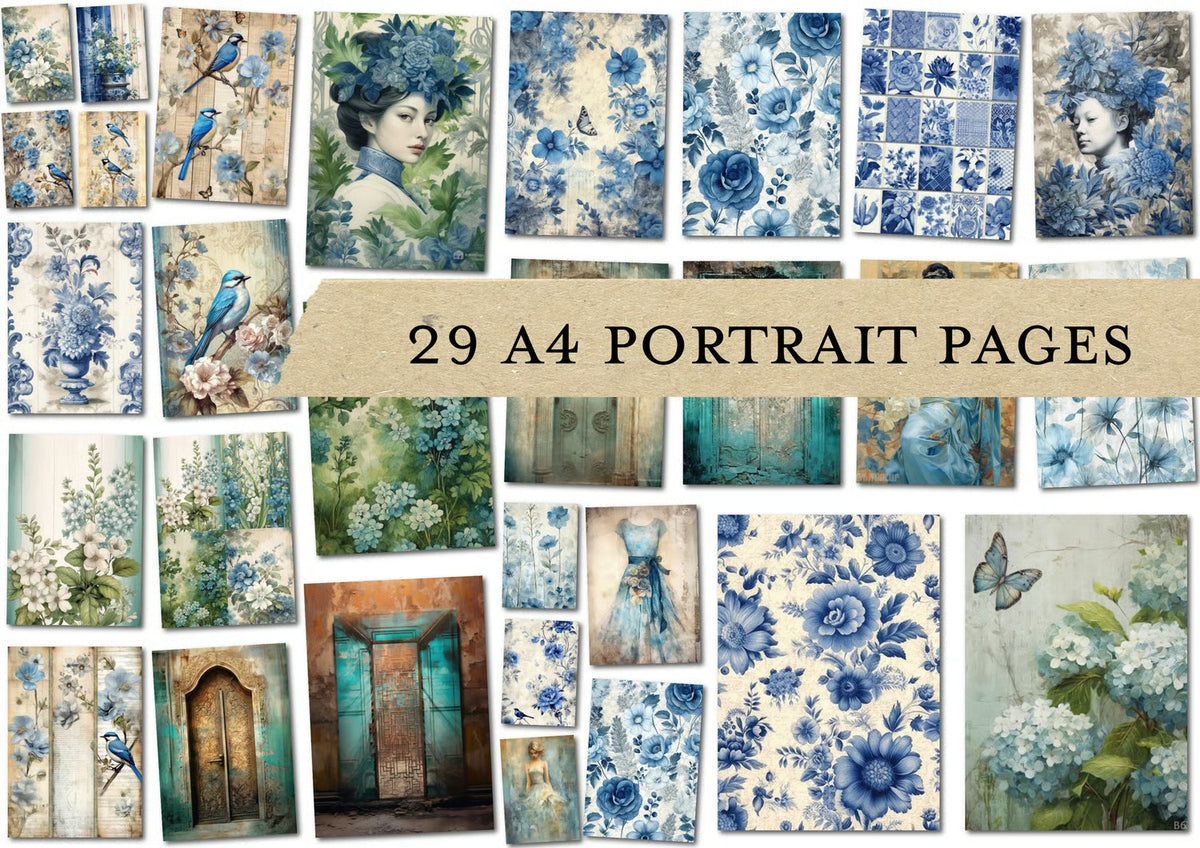 Shabby Blues MEGA Digital Junk Journal Kit - Over 100 Printable Journal Pages