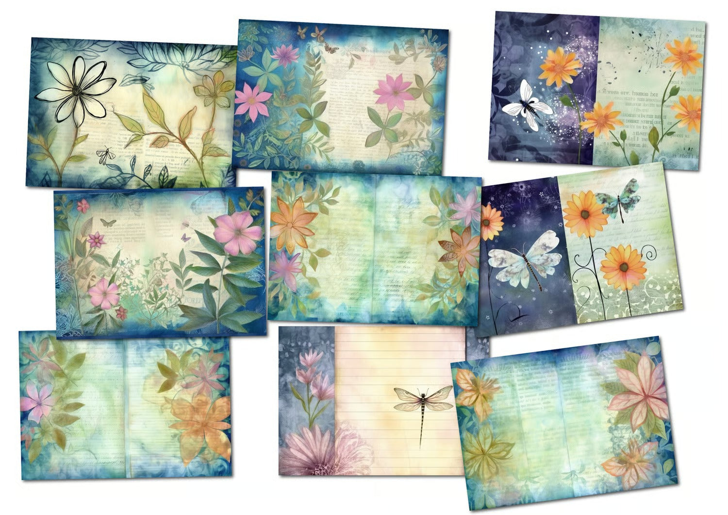 Dragonfly Blues - 52 Page Digital Paper Junk Journal Kit , Printable Scrapbook Paper