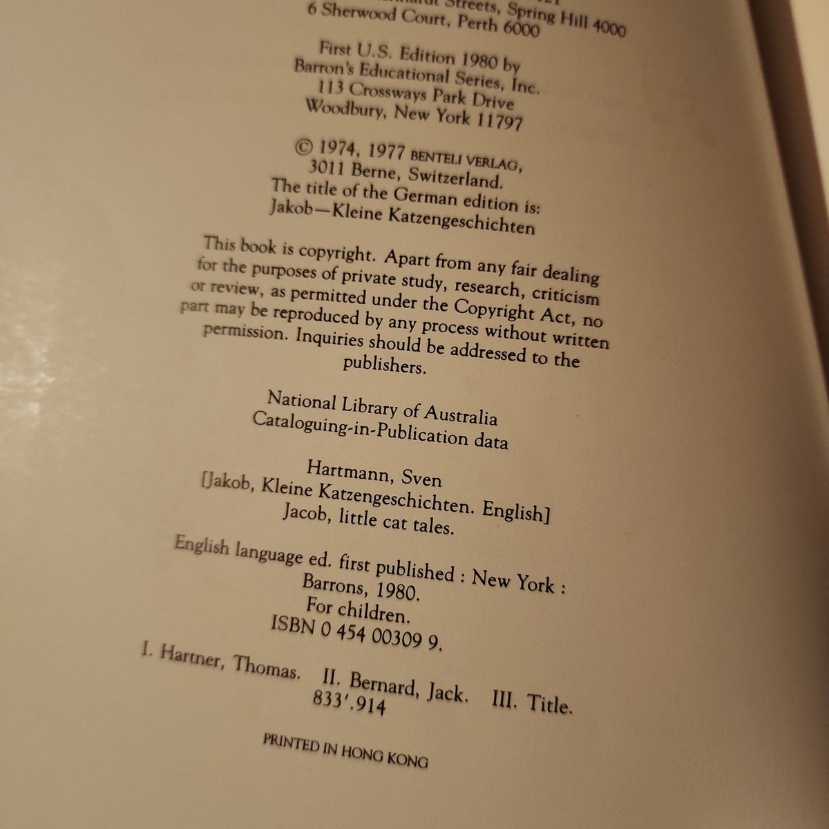 Jacob: Little Cat Tales copyright page showing ISBN 0454003099 and first U.S. edition 1980