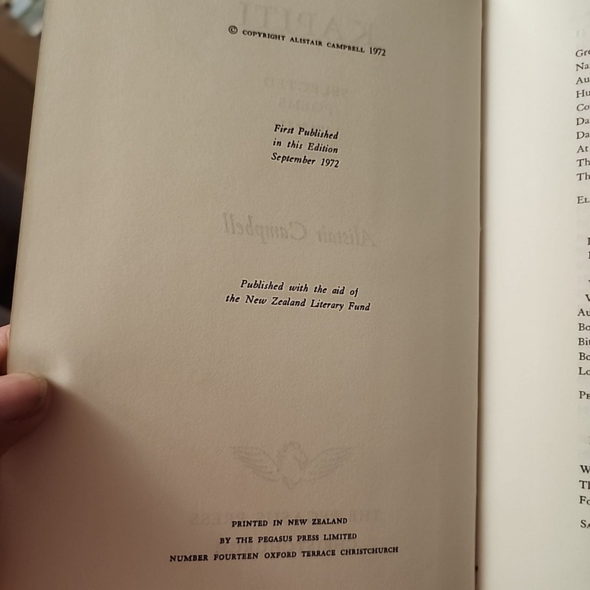 Kapiti Selected Poems by Alistair Campbell publication page showing first published September 1972 by Pegasus Press