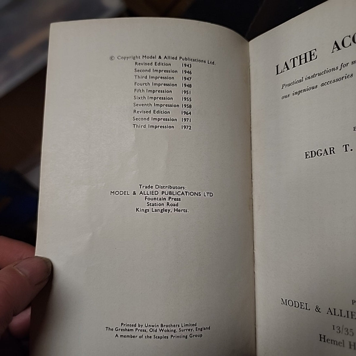 Lathe Accessories copyright page showing revised edition and 1972 third impression