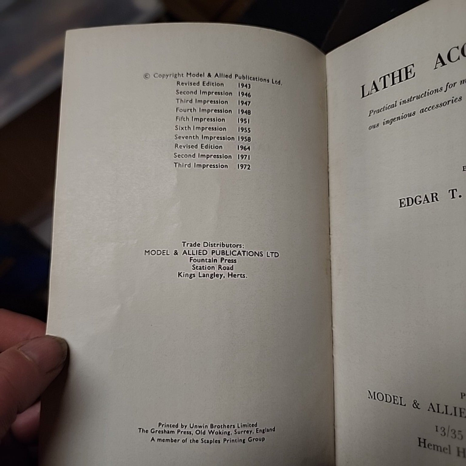 Lathe Accessories copyright page showing revised edition and 1972 third impression