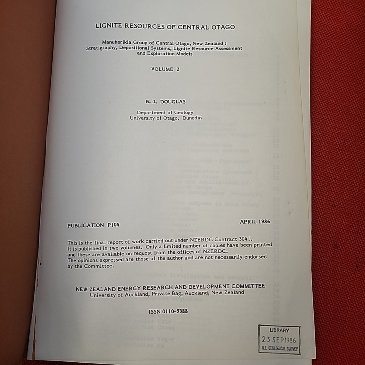 Lignite Resources of Central Otago Volume Two title page, Publication P104, April 1986