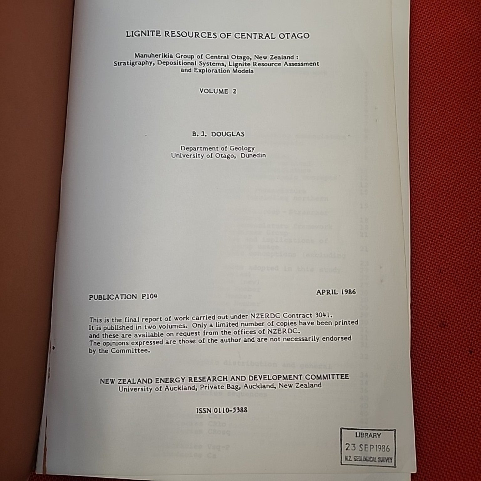 Lignite Resources of Central Otago Volume Two title page, Publication P104, April 1986